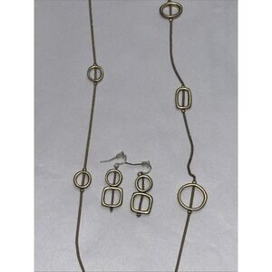 Gold-Tone Open Geometric Circle and Square Station Necklace And Earring Set